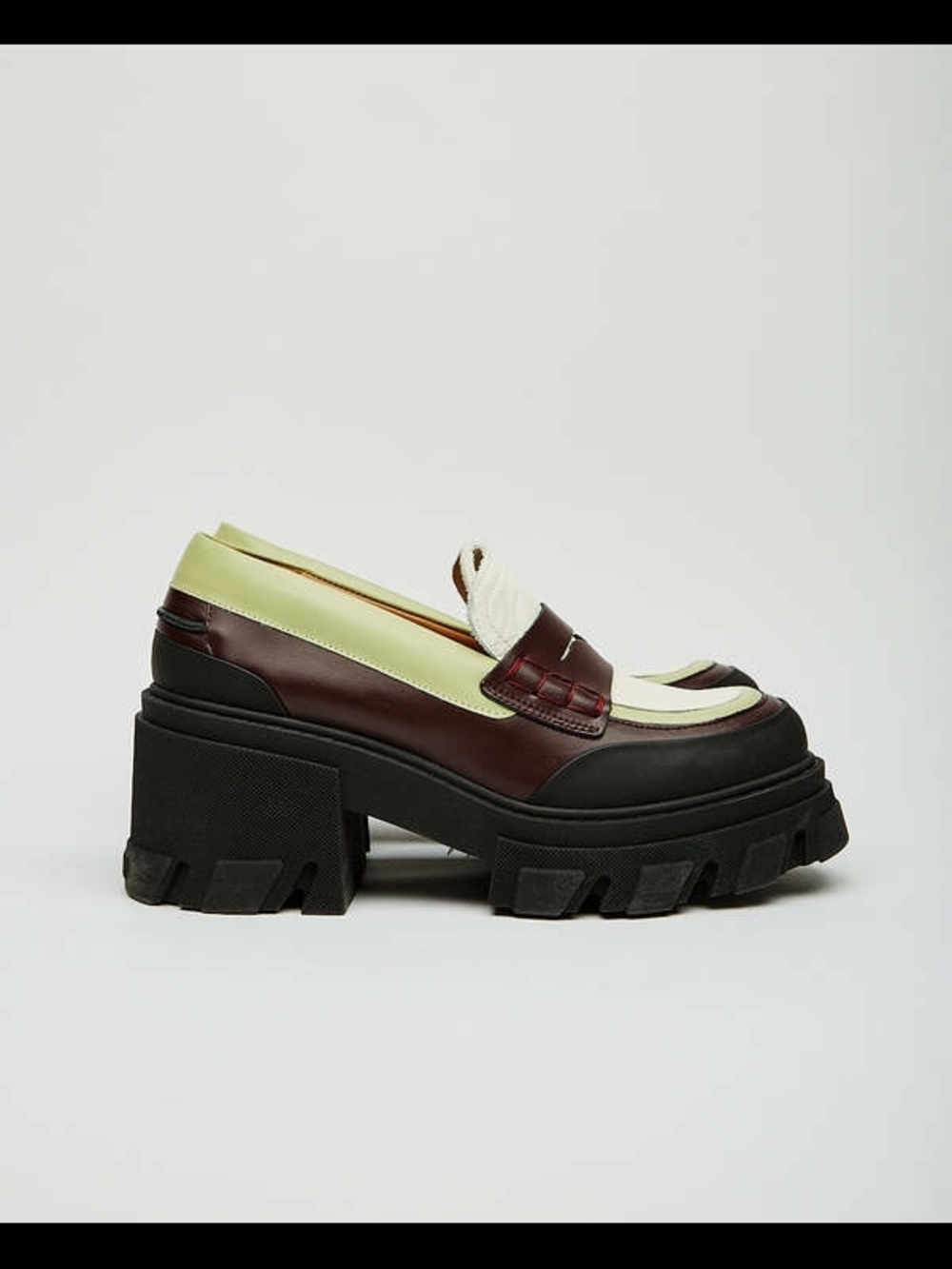 Ganni Triple-Color Chunky Penny Loafers — White, Burgundy & Lime - Picture 2 of 9